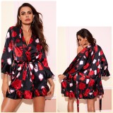 Temptation Sexy Pajamas Simulation Silk Ruffle Sleeve Cardigan Robe Nightgown