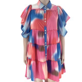 Summer Trend Tie Dye Print Turndown Collar Pleated Shirt Fashion Casual Plus Size Women'S Clothing Dress