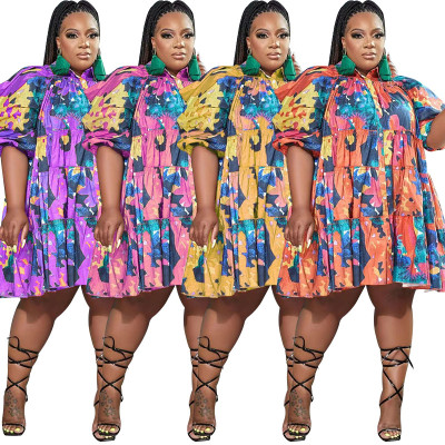 Fall Summer Trend Graffiti Print Turndown Collar Single Breasted Shirt Fashion Loose Mini Plus Size Dress