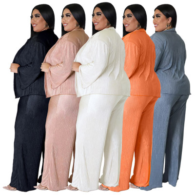 Fashion Plus Size Women'S Clothing Solid Folded Bra Shirt Wide Leg Pants 3 Piece Set