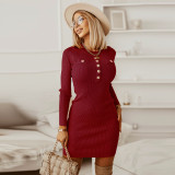 Fall Casual Knitting Rib Dress Long Sleeves Bodycon Buttons Slim Waist Dress Women'S Clothing