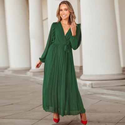 Fall/Winter Women'S Clothing Solid Color Long Sleeve Chic Wrap V-Neck Pleated Maxi Dress Long Dress