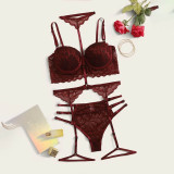Sexy Garter Belt Three-Piece Lace See-Through Erotic Bikini Lingerie Set
