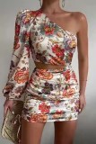 Summer Women'S Sexy Fashion Trend Print Slash Shoulder One Sleeve Mini Club Dress