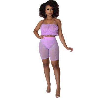 Summer Women'S Clothing Stretch Mesh Wavy Ruffle Strap Top Mesh Pants Two Piece Set