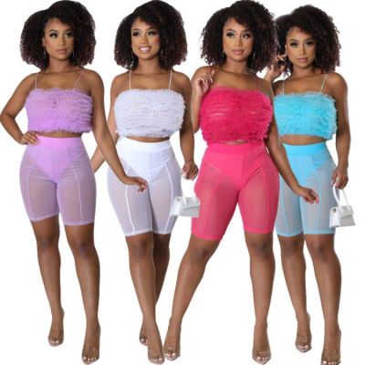 Summer Women'S Clothing Stretch Mesh Wavy Ruffle Strap Top Mesh Pants Two Piece Set