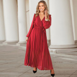 Fall/Winter Women'S Clothing Solid Color Long Sleeve Chic Wrap V-Neck Pleated Maxi Dress Long Dress