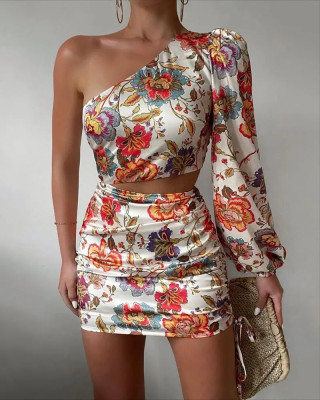 Summer Women'S Sexy Fashion Trend Print Slash Shoulder One Sleeve Mini Club Dress