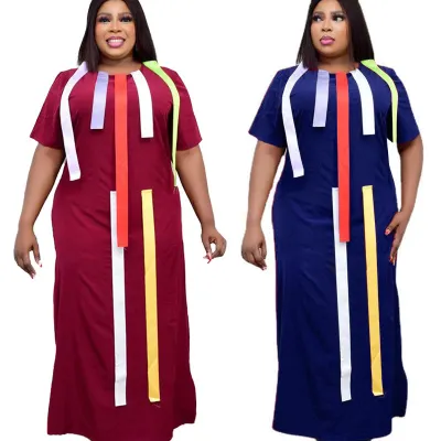 Fall/Winter Muslim African Plus Size Women'S Clothing Contrast Patchwork Short Sleeve Loose Maxi Dress