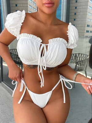 Ribbed Bikini Sexy Drawstring Swimsuit Ribbed Lace-Up Two Piece Swimwear