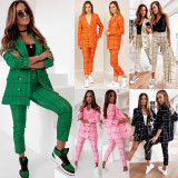 Fall Winter Long Sleeve Plaid Blazer Suit Chic Double Breasted Blazer Pants Professional Suit