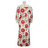 Plus Size Women's Spring Autumn Digital Print Maxi Dress Off Shoulder Print Dress