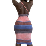 Ribbed Spring/Summer Sexy Women's Suspender Low Cut Open Back Sleeveless Print Dye Dress