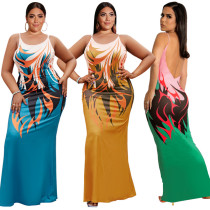 Summer Women's Digital Print Long Sling Tight Fitting Plus Size Dress