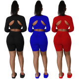 Sports women's solid color sports vest, long sleeves, shorts suit 3-piece set