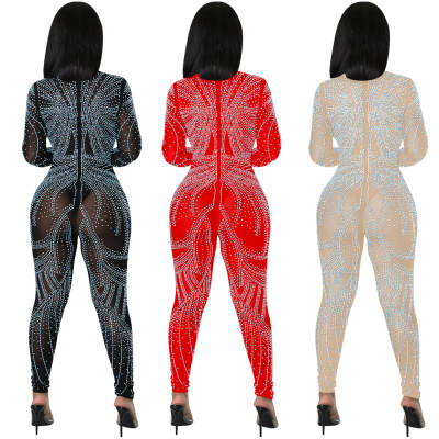 Fashion sexy nightclub mesh See-Through long-sleeved v-neck trousers Jumpsuit women