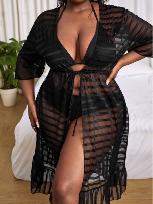 Transparent mesh Half-Sleeve long plus size beach sun protection cover-up