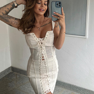 Women's Summer Sexy Fashion See-Through Lace-Up Mesh Slip Dress Dresses