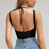 Women's Square Neck Satin mesh See-Through Low Back Halter Neck Small Sling Top Women