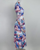 Women's Chic Career Floral Square Neck Sexy Slit Dress