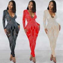 Fashion sexy nightclub mesh See-Through long-sleeved v-neck trousers Jumpsuit women