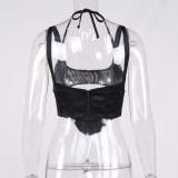Women's Square Neck Satin mesh See-Through Low Back Halter Neck Small Sling Top Women