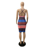 Ribbed Spring/Summer Sexy Women's Suspender Low Cut Open Back Sleeveless Print Dye Dress