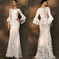 Summer Women's Wedding White Lace Round Neck Long Sleeve Evening Dress