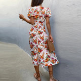 Women's Chic Career Floral Square Neck Sexy Slit Dress