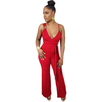 Women's Fashion Sexy Sling Back Invisible Zipper Wide Leg Jumpsuit (with Belt)