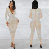Fashion sexy nightclub mesh See-Through long-sleeved v-neck trousers Jumpsuit women
