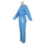 Spring and autumn v-neck pocket tassel ankle banded two-piece pants suit