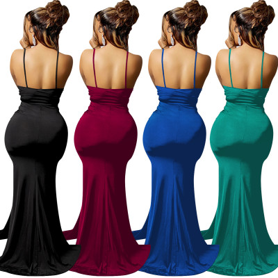 Fashion Solid Color Elegant Sexy V-Neck Sling Low Back Irregular Dress Long Dress