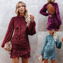European style autumn and winter Velvet Chic ruffled irregular fashion dress