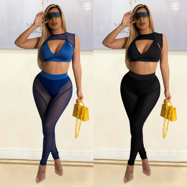 Summer Women's Fashion Sexy Tight Fitting Mesh See-Through Patchwork Basic Pants Women