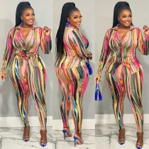 Spring Autumn Print Multicolor Long Sleeve Shirt Trousers Lounge Casual Set