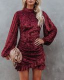 European style autumn and winter Velvet Chic ruffled irregular fashion dress
