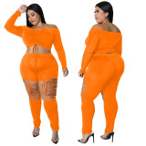 Plus Size Women Solid Backless Off Shoulder Lace-Up Long Sleeve Top+bandage Pants Two Piece