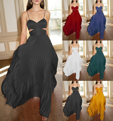 Women Solid Sling Backless Maxi Dress