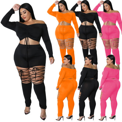 Plus Size Women Solid Backless Off Shoulder Lace-Up Long Sleeve Top+bandage Pants Two Piece