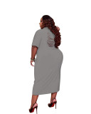 Plus Size Women Clothing V-Neck Short Sleeve Plain Hooded Print Casual Dress