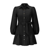 Fall Winter New Casual Long Lantern Sleeve Plaid See-Through Dress With Belt