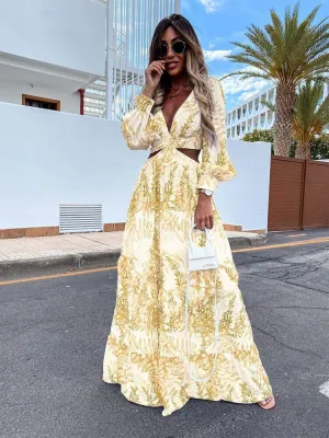 Fashion Women Clothing Spring Long Printed V-Neck Long Sleeve Maxi Dress