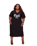 Plus Size Women Clothing V-Neck Short Sleeve Plain Hooded Print Casual Dress