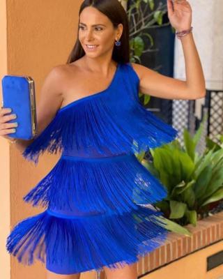 Sexy One Shoulder Sleeveless Fringed Asymmetric Party Dress