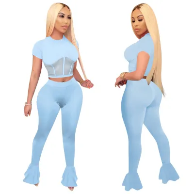Women Clothing Mesh Patchwork Short Sleeve Top Sports Flare Pant Two Piece Set