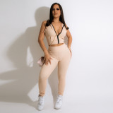 Sexy Clubwear Sleeveless Solid Zipper Hooded Crop Top Slim Fit Trousers Two Piece Set