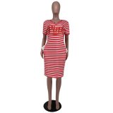 Summer Plus Size Women Clothing Striped V-Neck Positioning Print Dress