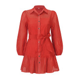 Fall Winter New Casual Long Lantern Sleeve Plaid See-Through Dress With Belt