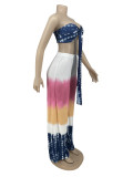 Summer Nightclub-Beach Style Tie-Dye Print Pleated Wrap Chest Strapless Top Sexy Two Piece Pants Set